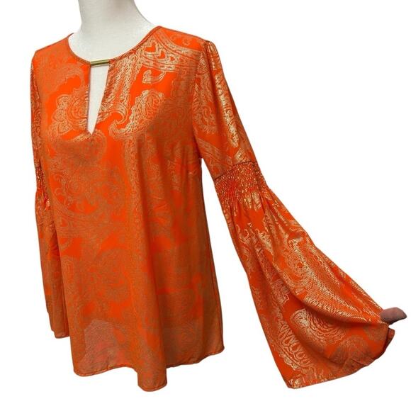 Michael Kors women’s top size small orange with gold foil paisley bell sleeves - Picture 1 of 12